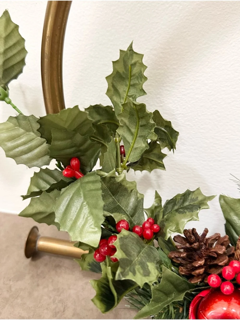 Large Holiday Brass French Horn Wreath Holly Berry Pine Accents Christmas Wreath